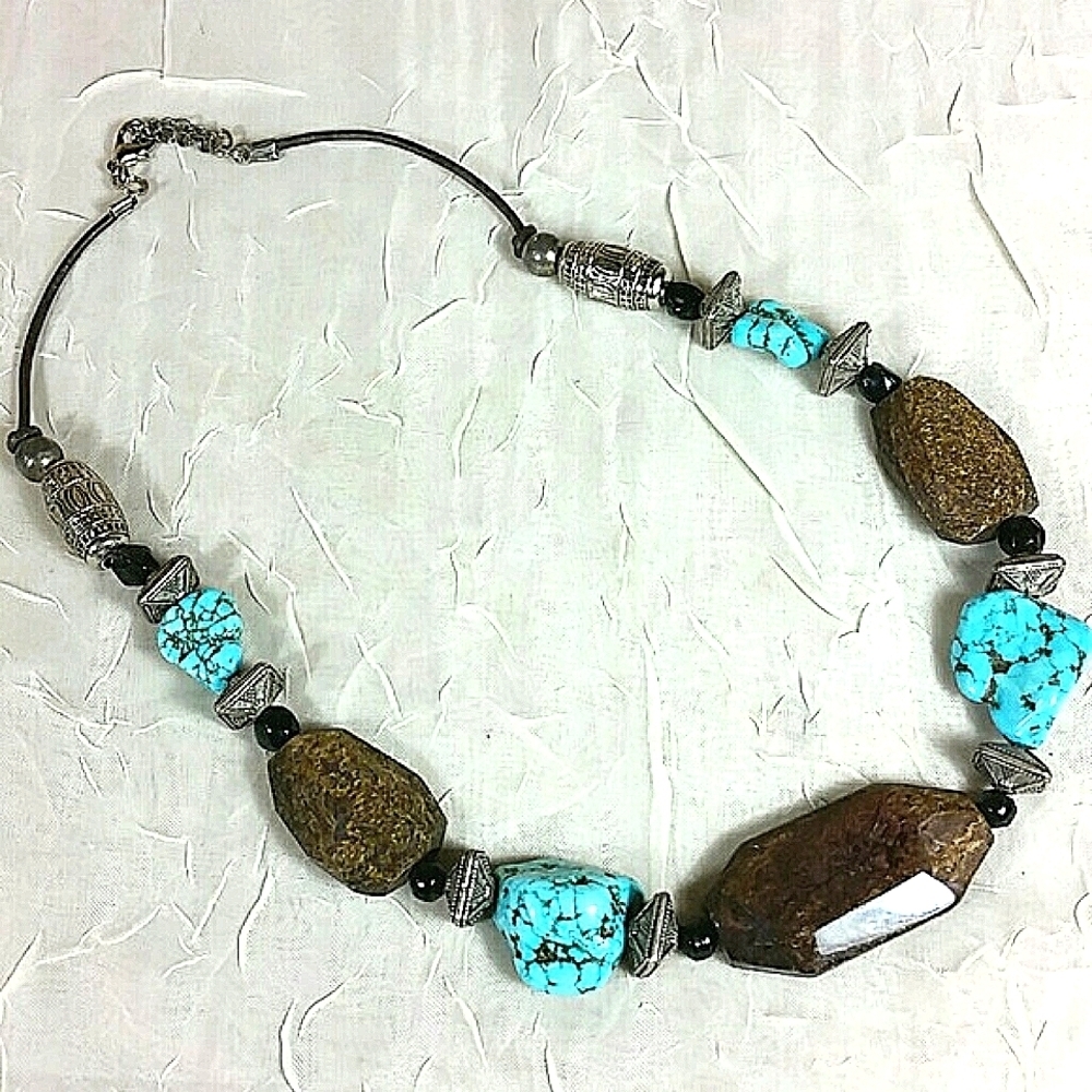 16" - 18" adj Necklace Genuine Stone Bead Leather brown blue silver spacer NEW - Picture 3 of 5